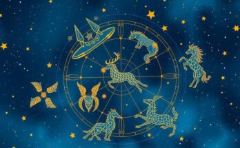 Zodiac constellation pattern in celestial blue and gold, representing horoscopes and astrology themes.