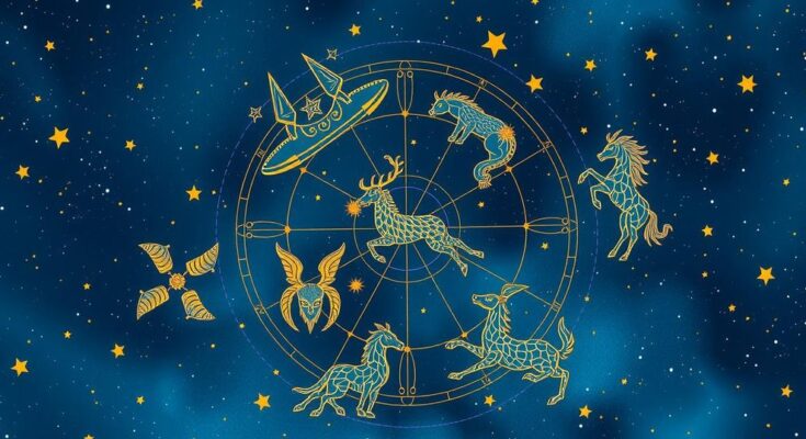 Zodiac constellation pattern in celestial blue and gold, representing horoscopes and astrology themes.
