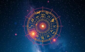 A starry night sky with astrological symbols and a glowing zodiac wheel, conveying cosmic energy and fortune.