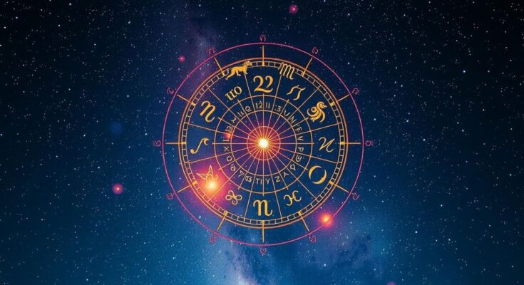 A starry night sky with astrological symbols and a glowing zodiac wheel, conveying cosmic energy and fortune.