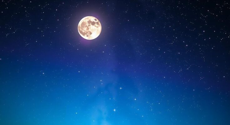 A serene night sky with twinkling stars and a glowing moon, symbolising positivity and exploration for zodiac signs.