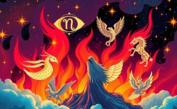 A cosmic illustration of zodiac symbols surrounded by vibrant flames and stars, inspired by modern astrology.