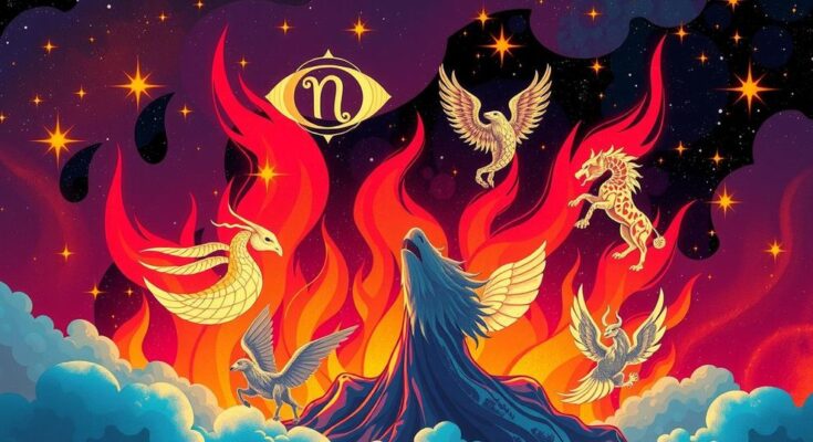 A cosmic illustration of zodiac symbols surrounded by vibrant flames and stars, inspired by modern astrology.