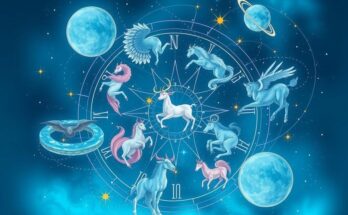 Illustration of zodiac signs representing career guidance with stars and cosmic elements in blue tones.