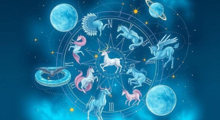 Illustration of zodiac signs representing career guidance with stars and cosmic elements in blue tones.