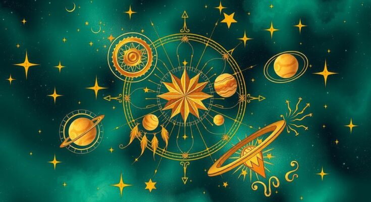 Astrological symbols with vibrant colours on a celestial background, signifying individual empowerment and creativity.