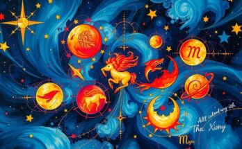 Zodiac signs represented by vibrant symbols in a cosmic background, embodying creativity and courage.