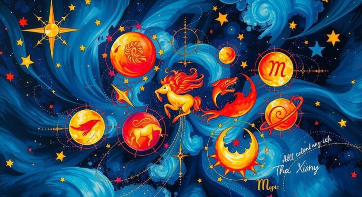 Zodiac signs represented by vibrant symbols in a cosmic background, embodying creativity and courage.