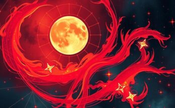 A vibrant cosmic scene highlighting a waning gibbous moon with fiery colours and abstract star alignments.