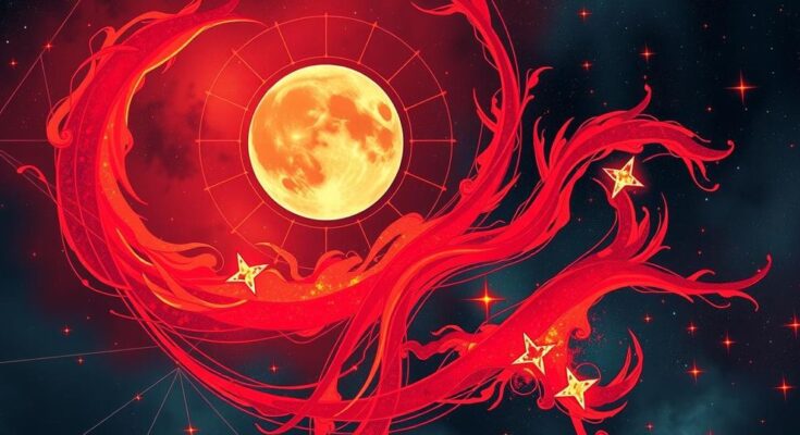 A vibrant cosmic scene highlighting a waning gibbous moon with fiery colours and abstract star alignments.