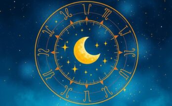 A bright celestial scene featuring the zodiac symbols with stars and a Sagittarius moon in the background.