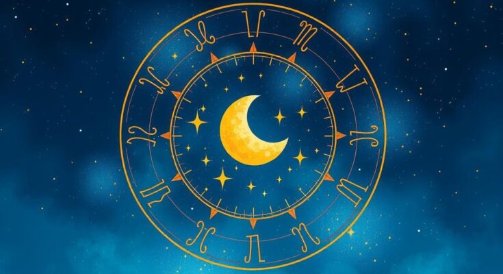 A bright celestial scene featuring the zodiac symbols with stars and a Sagittarius moon in the background.