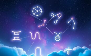 A cosmic scene illustrating zodiac signs in harmony, depicting celestial bodies amidst vibrant colours, symbolising love and relationships.