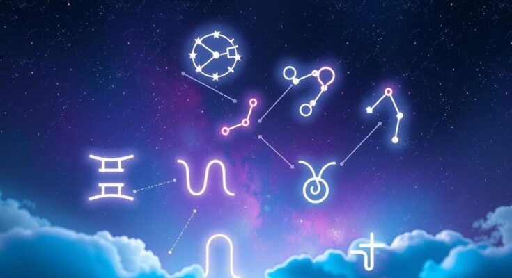 A cosmic scene illustrating zodiac signs in harmony, depicting celestial bodies amidst vibrant colours, symbolising love and relationships.