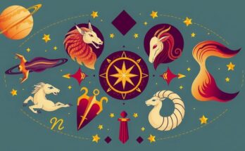 Astrological zodiac signs illustration with symbols and colours representing predictions and insights.