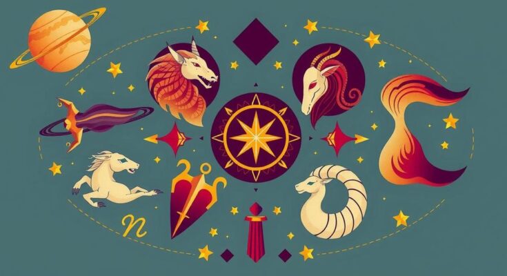 Astrological zodiac signs illustration with symbols and colours representing predictions and insights.