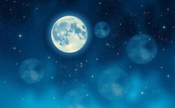 A mystical night sky with a glowing Sagittarius Moon and vibrant stars, symbolising emotional connections and love astrology.