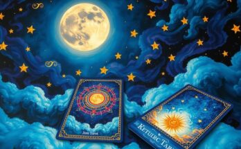 A celestial scene of a moonlit night with zodiac symbols and tarot cards, reflecting spiritual energy and adventure.