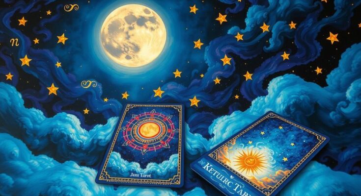 A celestial scene of a moonlit night with zodiac symbols and tarot cards, reflecting spiritual energy and adventure.