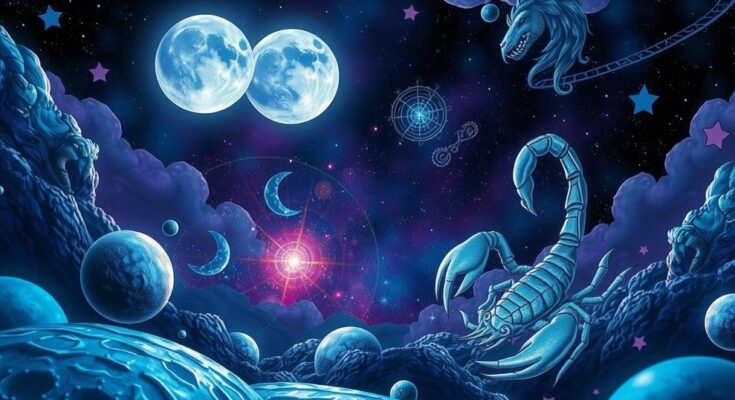 Cosmic illustration depicting zodiac signs with a Scorpio Moon, featuring vibrant colours and celestial elements.