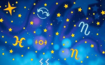 Astrological symbols glowing with vibrant colours, depicting abundance and positivity under a starry night sky.