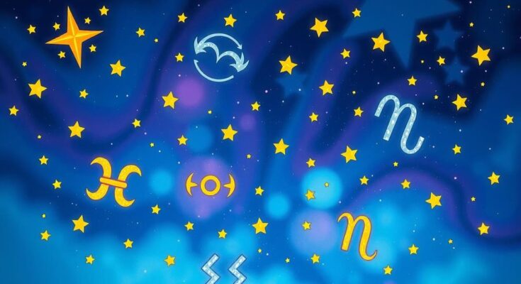 Astrological symbols glowing with vibrant colours, depicting abundance and positivity under a starry night sky.
