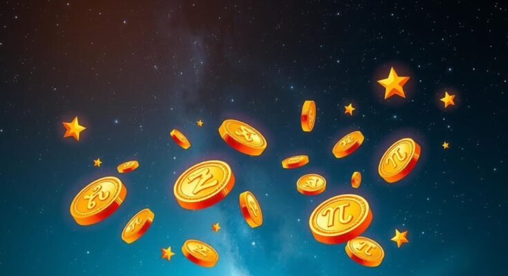 A celestial background depicting zodiac signs surrounded by golden coins and shimmering stars, representing wealth attraction.
