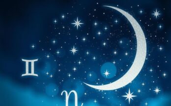 Celestial scene with zodiac symbols, a crescent moon, and stars set in a deep blue night sky, exuding peaceful energy.