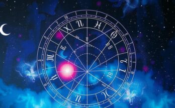 Astrological chart with zodiac signs and celestial elements under a starry night sky in vivid colours.