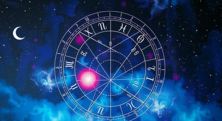 Astrological chart with zodiac signs and celestial elements under a starry night sky in vivid colours.