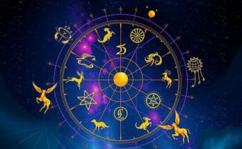 A vibrant representation of zodiac signs with celestial motifs and a colourful starry background.