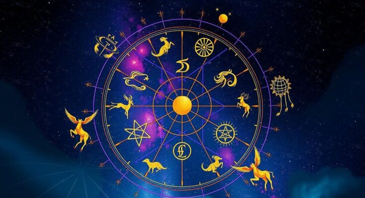 A vibrant representation of zodiac signs with celestial motifs and a colourful starry background.