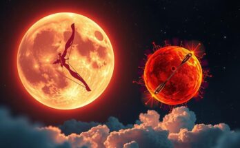 Celestial scene featuring a shimmering Sagittarius moon and energetic Mars, with vibrant fire-themed colours.