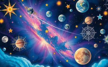 A cosmic landscape featuring various celestial bodies with astrological symbols, deep blues and purples representing mystery.