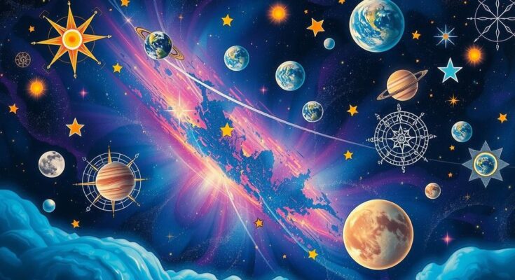 A cosmic landscape featuring various celestial bodies with astrological symbols, deep blues and purples representing mystery.