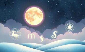 A celestial scene featuring zodiac symbols with a Sagittarius Moon illuminating the night sky in calming pastel colours.