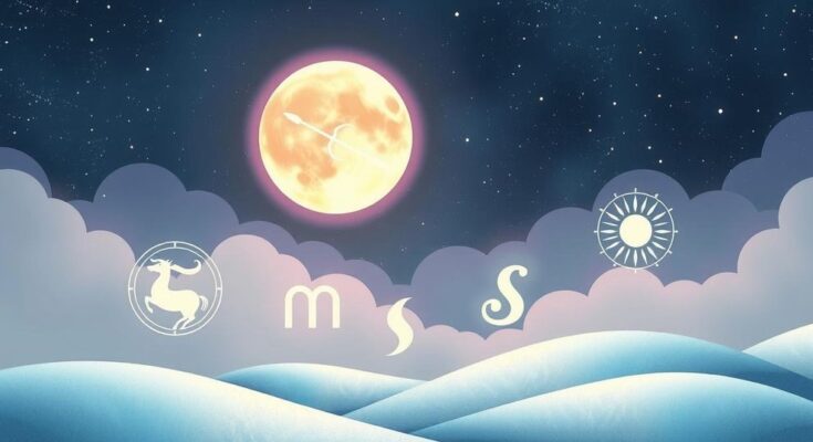 A celestial scene featuring zodiac symbols with a Sagittarius Moon illuminating the night sky in calming pastel colours.