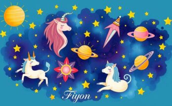 Colorful zodiac symbols representing horoscopes with astrological elements and celestial bodies in a whimsical style.
