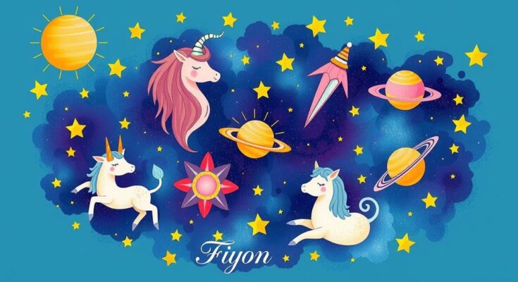 Colorful zodiac symbols representing horoscopes with astrological elements and celestial bodies in a whimsical style.