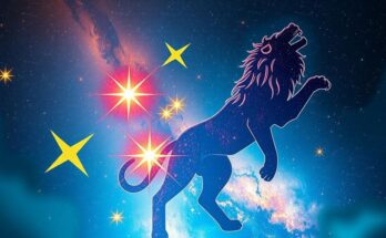 Celestial theme representing abundant energy with vibrant stars and a lion silhouette in a cosmic sky of blue and gold.