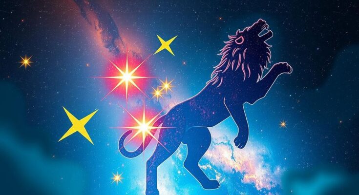 Celestial theme representing abundant energy with vibrant stars and a lion silhouette in a cosmic sky of blue and gold.
