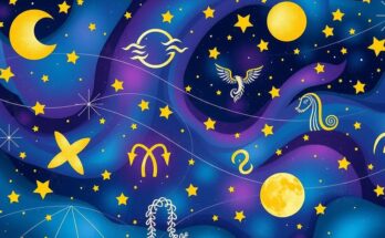 A colourful horoscope themed illustration featuring zodiac signs in a celestial background.