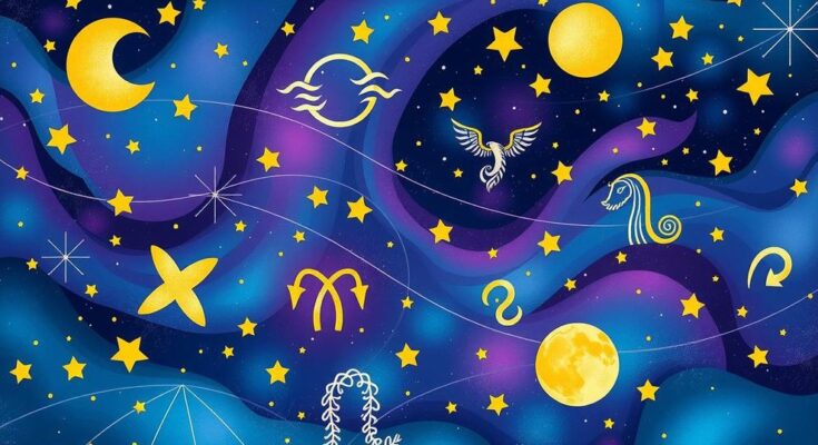 A colourful horoscope themed illustration featuring zodiac signs in a celestial background.