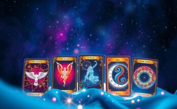 Mystical tarot cards with zodiac signs and celestial elements set against a starry night backdrop in vibrant colours.