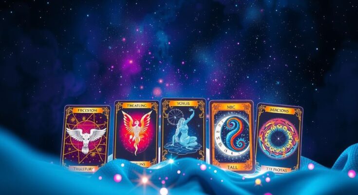 Mystical tarot cards with zodiac signs and celestial elements set against a starry night backdrop in vibrant colours.