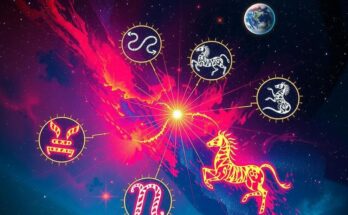 Celestial scene with zodiac symbols, vibrant colours, and cosmic elements depicting a day of transformative energy.