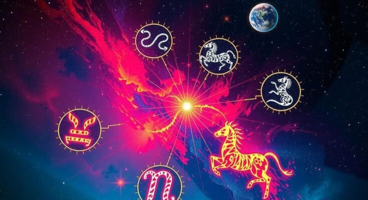 Celestial scene with zodiac symbols, vibrant colours, and cosmic elements depicting a day of transformative energy.