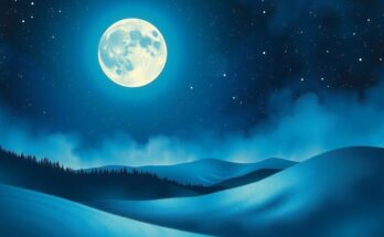 A celestial scene featuring a vibrant full moon illuminating a starry night sky with a tranquil landscape below.