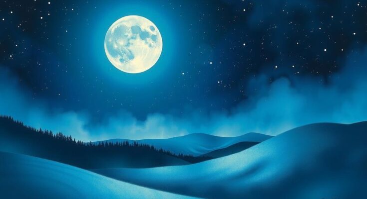 A celestial scene featuring a vibrant full moon illuminating a starry night sky with a tranquil landscape below.