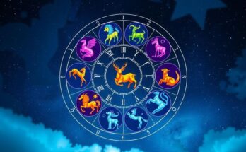 A vibrant illustration of the zodiac signs against a cosmic background with symbols and astrological elements.